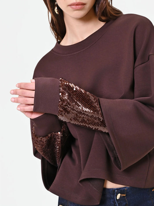 Rinascimento Braunes Sweatshirt mit Pailletten-Doppelärmeln